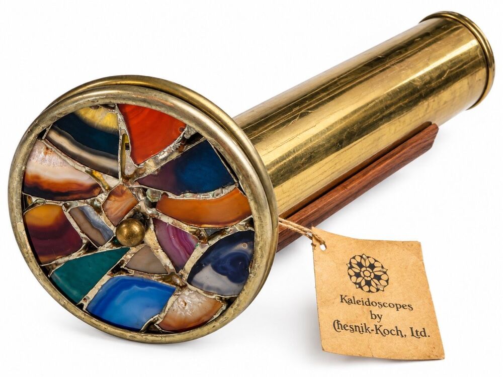 Vintage Chesnik-Koch Brass Kaleidoscope Stained Glass Wheel w/ Wood Stand